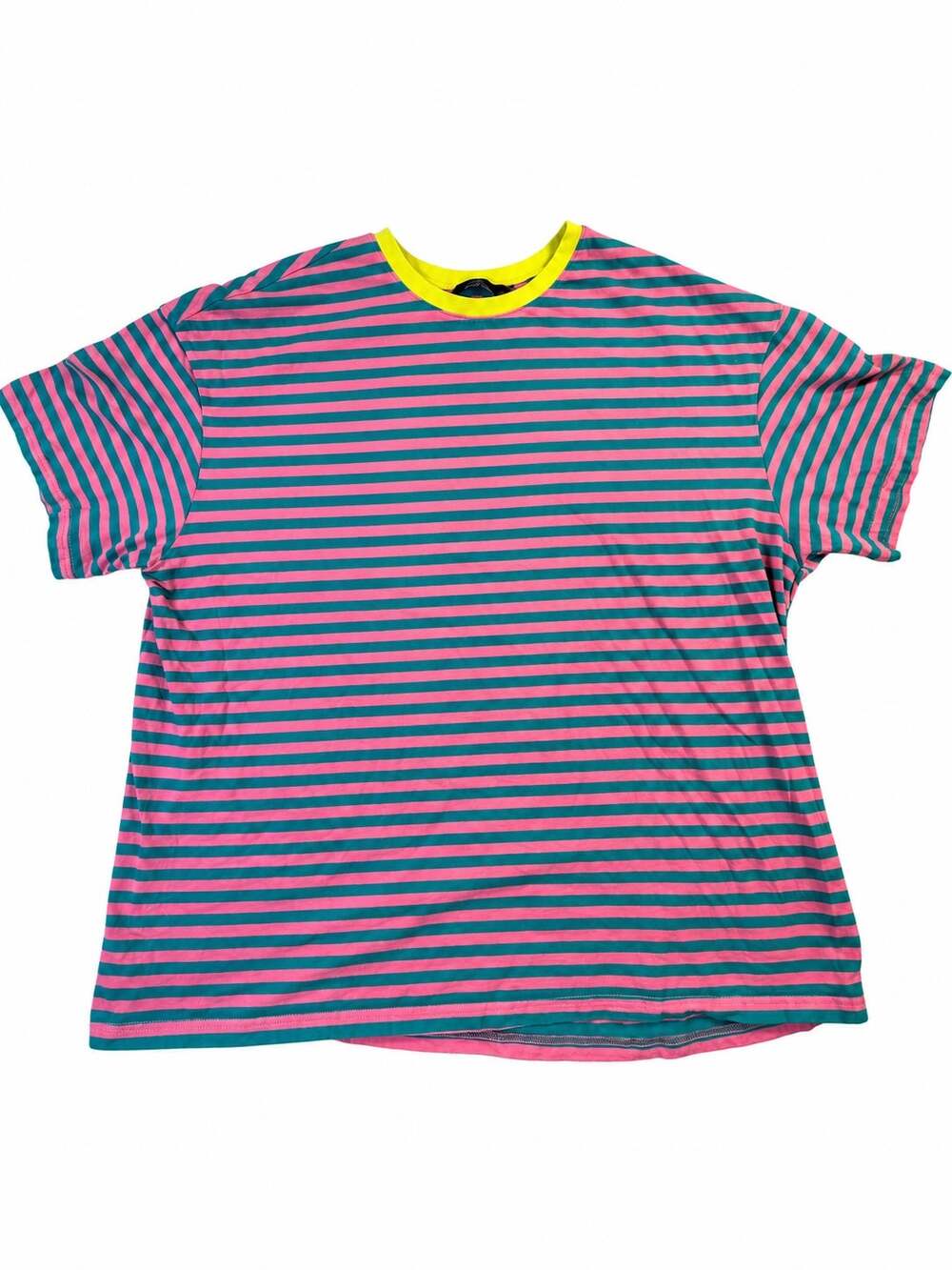 Trendy Queen Pink Teal Striped Neon Yellow Crewneck Oversized T Shirt XXL